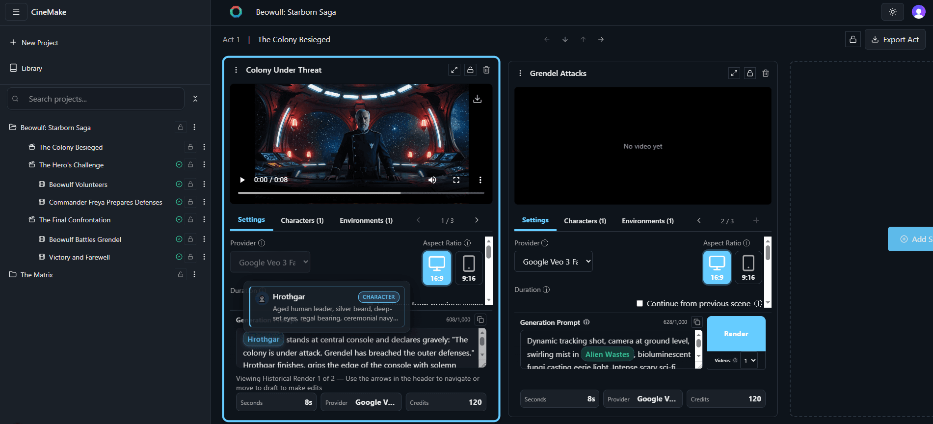 Screenshot of the Scene Editor showing orchestrated Scene Beats generated from your request